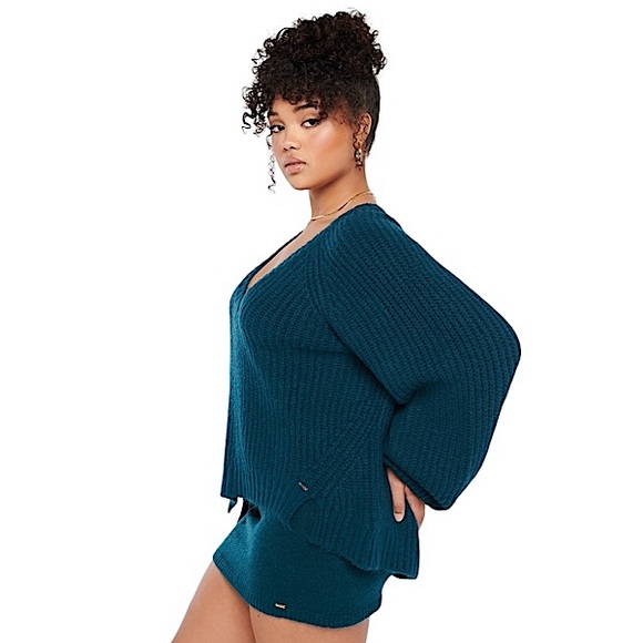 SAVAGE x FENTY Fuzz Fit Knit V-neck Oversized Sweater Blue Reflection Size M - Picture 6 of 12